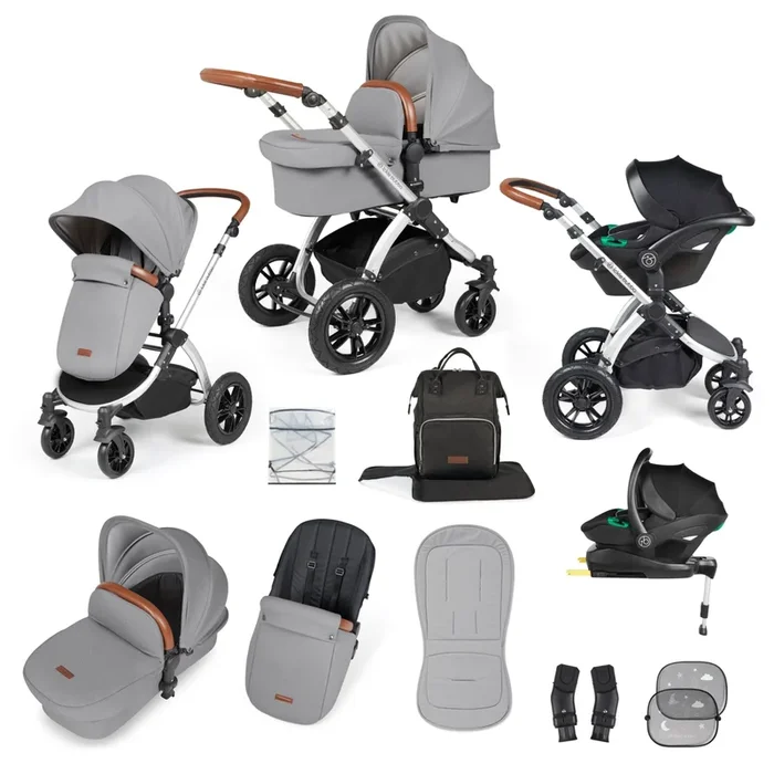 Ickle Bubba Stomp Luxe 12 Piece Travel System with i-Size Stratus Car Seat & ISOFIX Base – Silver / Pearl Grey / Tan
