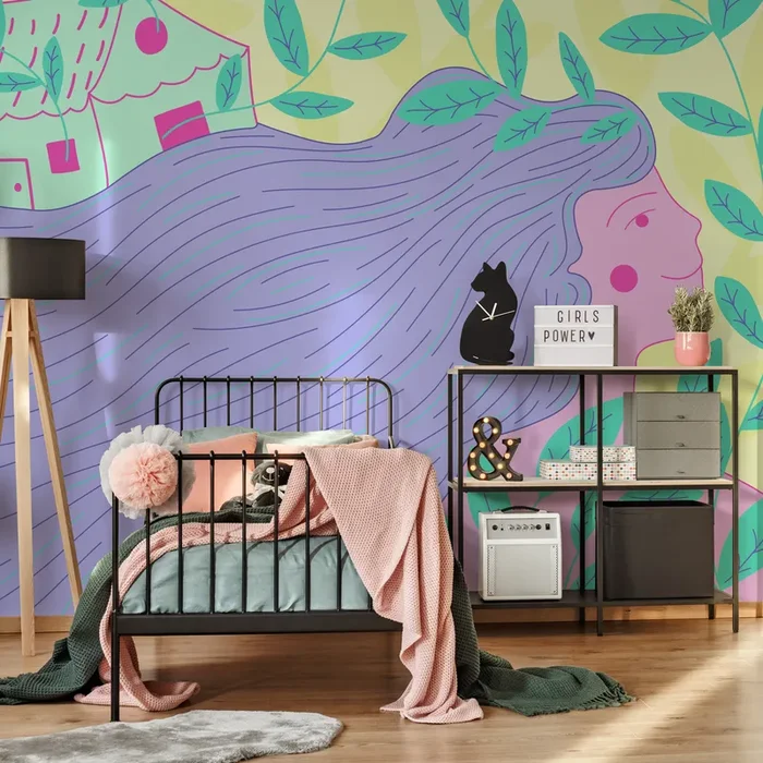 Illustrative Wallpaper With A Stylized Woman In Purple, Pink, And Green – C475