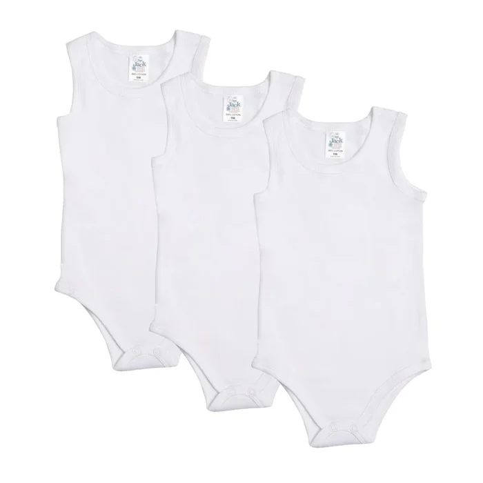 JACK & JILL BABY SLEEVELESS WHITE BODYSUIT UNISEX ORGANIC 100% COTTON ONESIES 3-PACK
