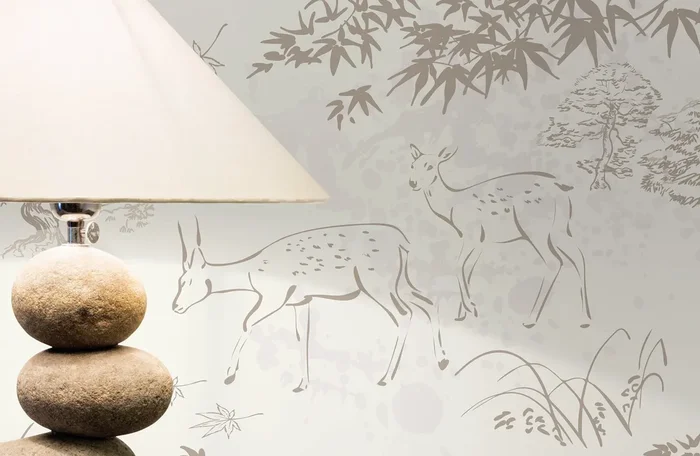 Japanese Wallpaper With A Sketched Deer And Forest Motif In Taupe And Cream – D497