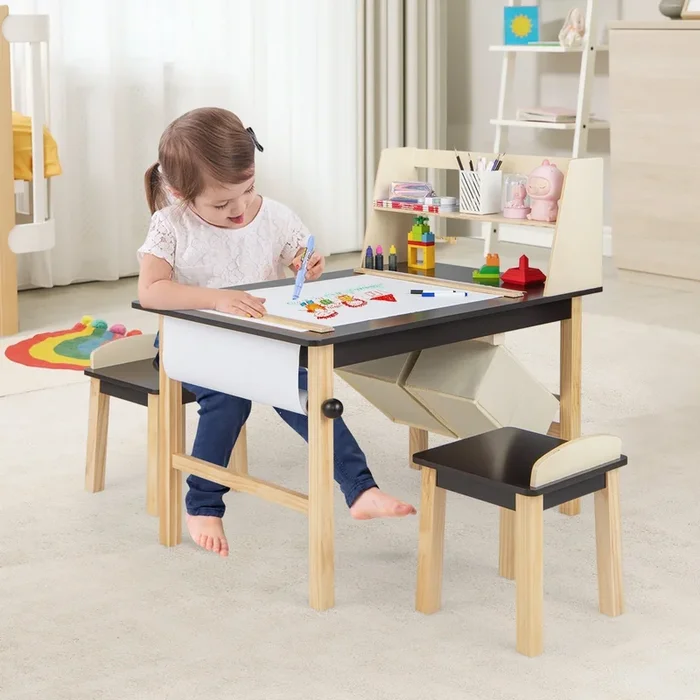 Kids Art Table and Chairs Set With Paper Roll and Storage Bins-Coffee