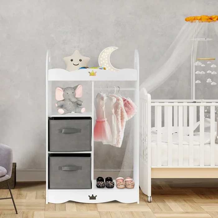 Kids Dress Up Storage Costume Closet With Mirror and Toy Bins-White