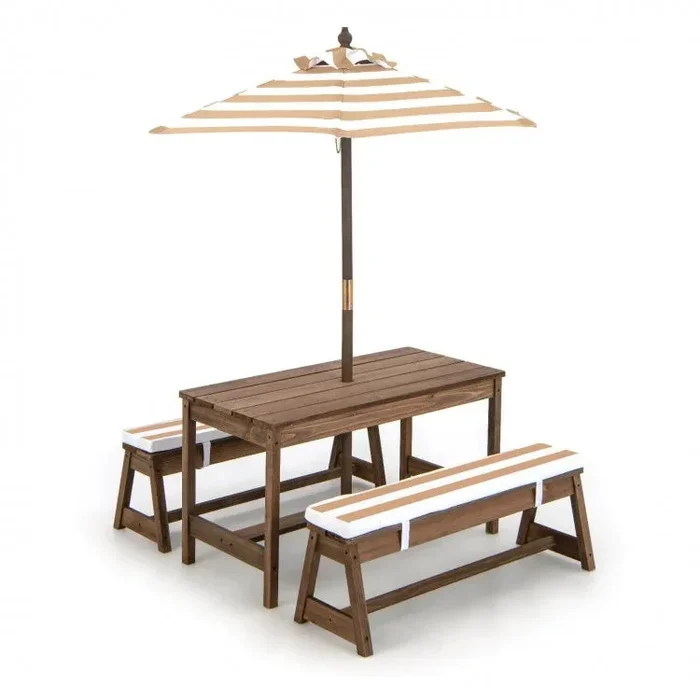 Kids Picnic Table and Bench Set With Cushions and Height Adjustable Umbrella-Brown