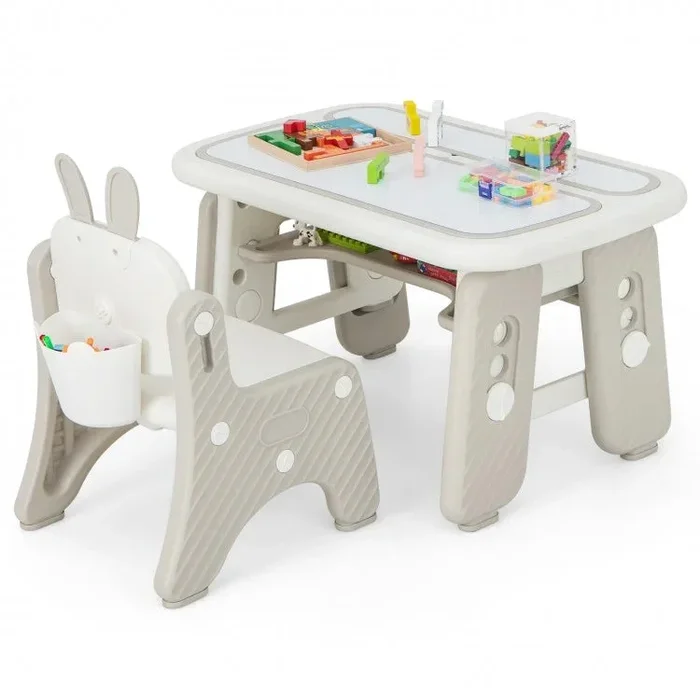 Kids Table and Chair Set With Flip-Top Bookshelf-Gray