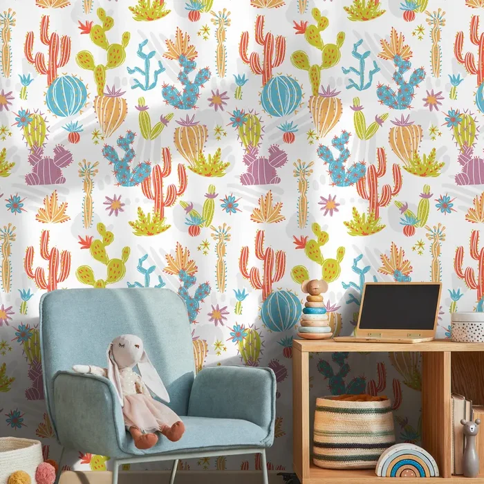 Kids Wallpaper Featuring Illustrated Cacti In Green, Blue, And Orange – A912
