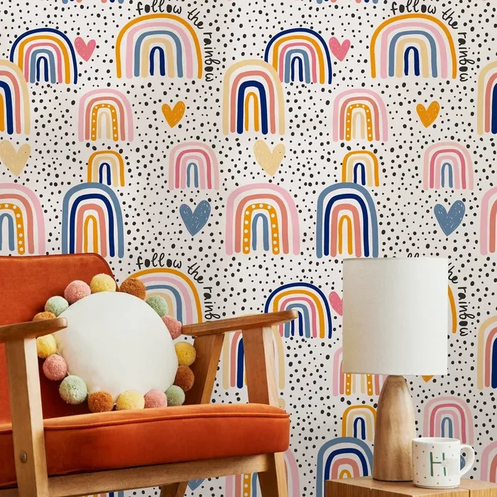 Kids Wallpaper With Hand-drawn Rainbows And Hearts In Pink, Blue, And Orange – B299