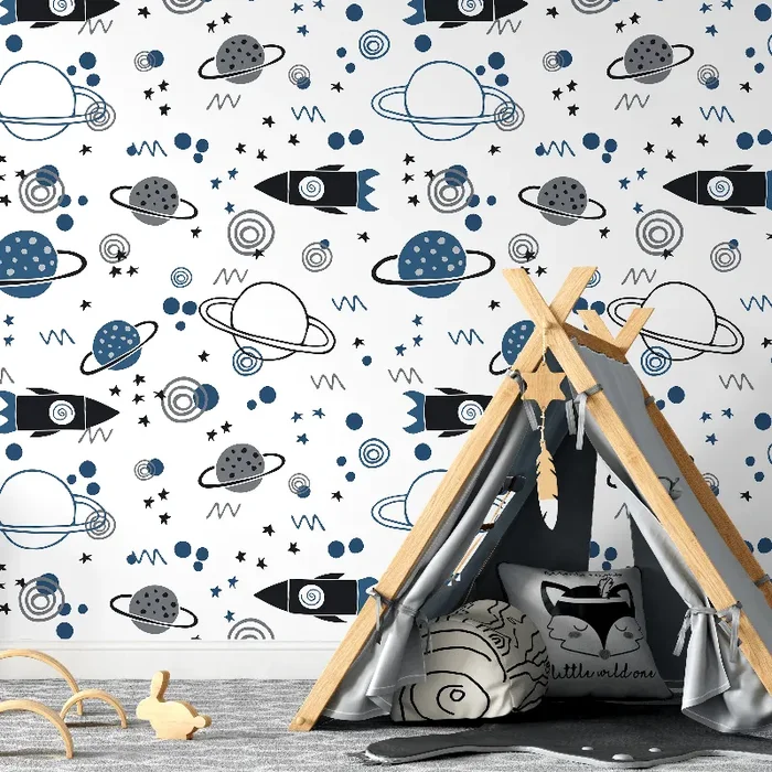 Kids Wallpaper With Rockets And Planets In Blue, Grey, And Black – A607