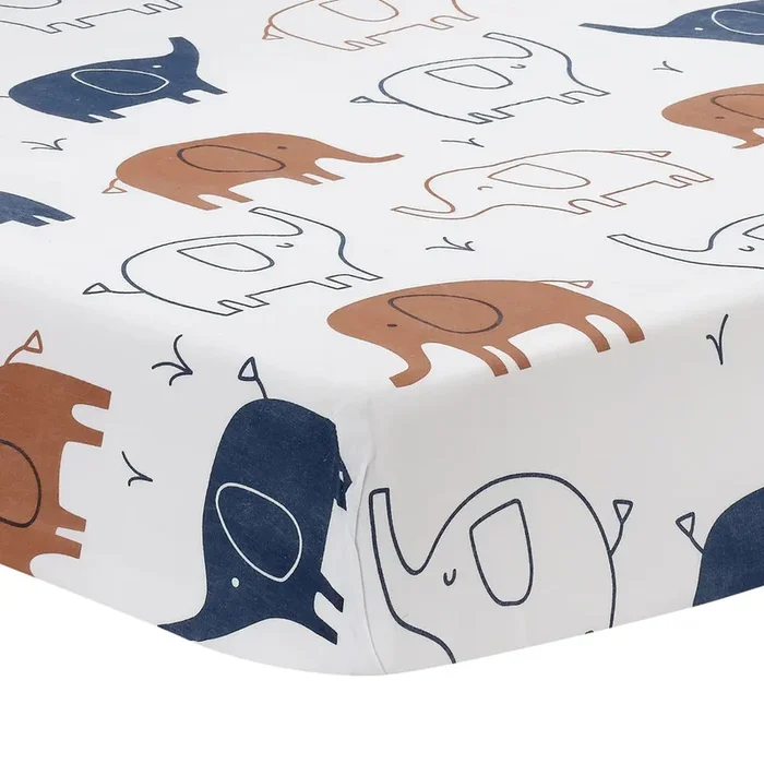 Lambs & Ivy Playful Elephant 100% Cotton White/Blue Baby Fitted Crib Sheet