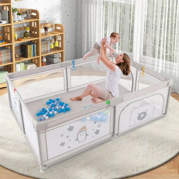 Large Baby Playpen With Pull Rings Ocean Balls and Cute Pattern-Penguin