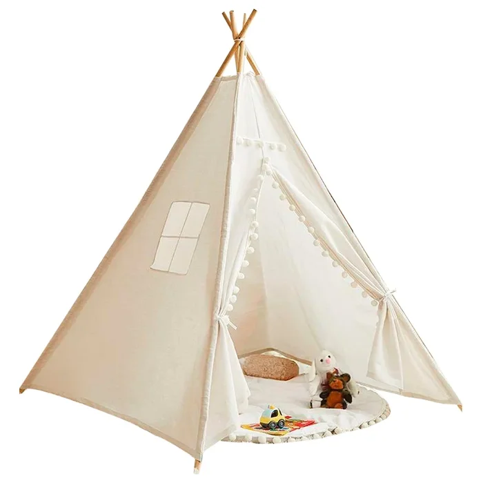 Large Foldable Kids Canvas Teepee Play Tent With Lights  ( White )