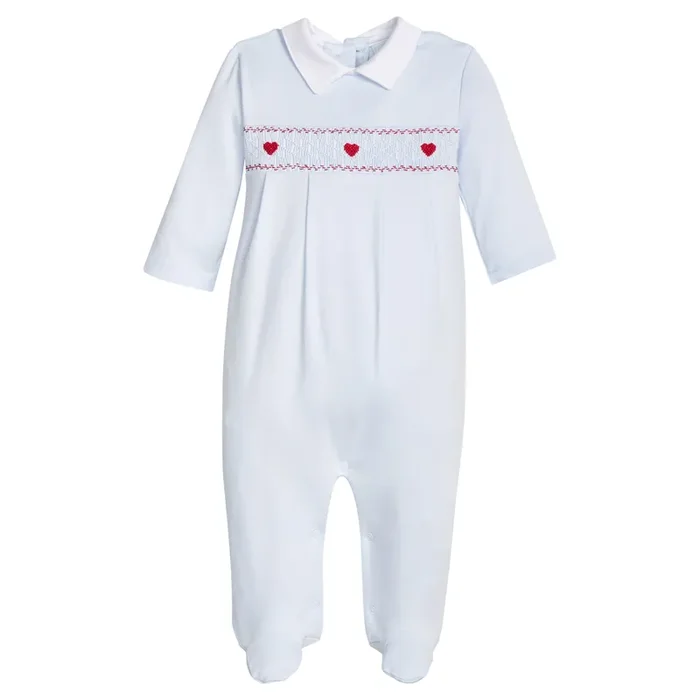 Little English Pale Blue Smocked Heart Footie