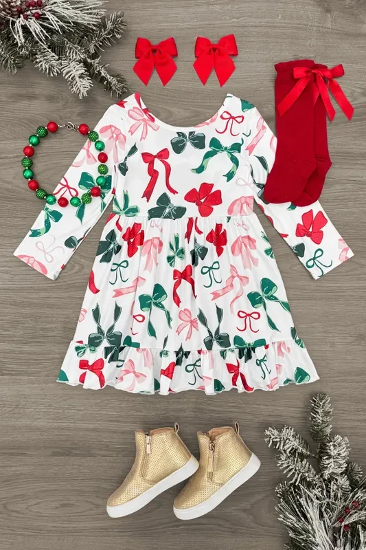 Long Sleeve Christmas Bows Dress