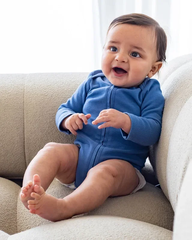 Long Sleeve Zipper Bodysuit In Denim, 0-3m