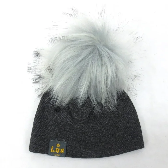 Lox Lion Single Pom Pom Bamboo Beanie – Grey with Grey Pom Poms (XS, 0-3 Months)