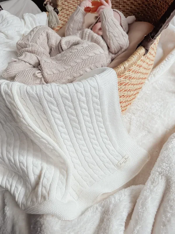 Luna + Luca Organic Cotton Cable Knit Gender-Neutral Baby Receiving Blanket – White