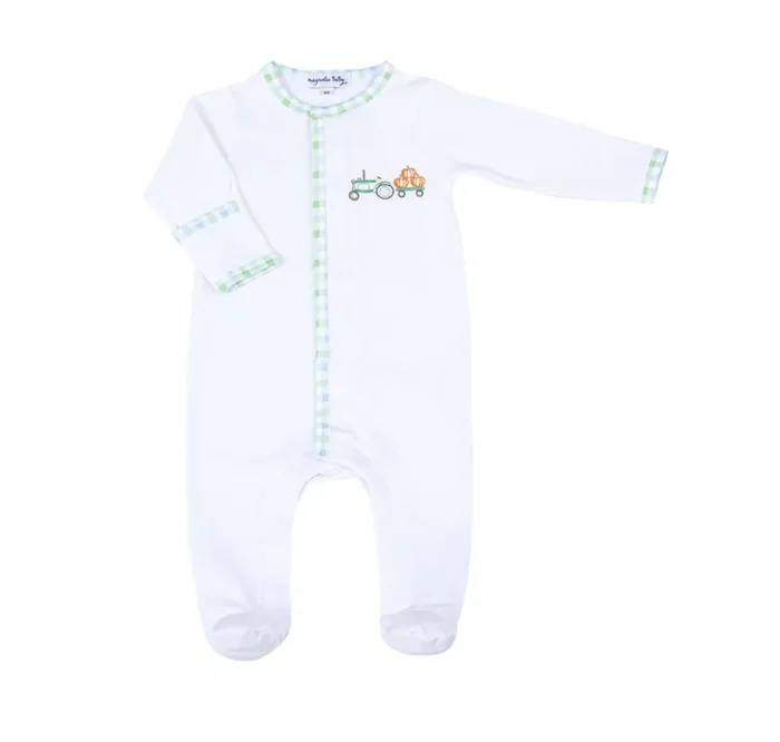 Magnolia Baby | Embroidered Footie | Vintage Pumpkin Picking Blue