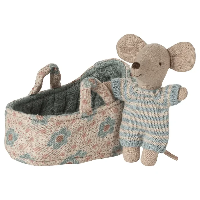 Maileg Baby Mouse in Carry Cot – Blue