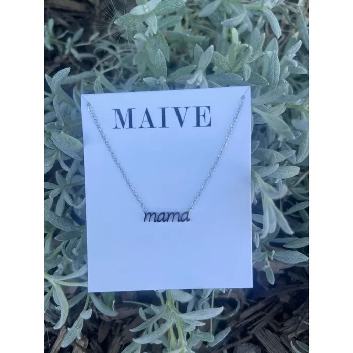 Maive Jewelry- Script Mama Necklace, Silver