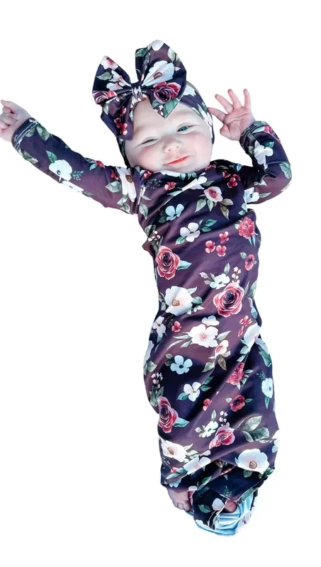 Maroon Floral Gown And Headband Set
