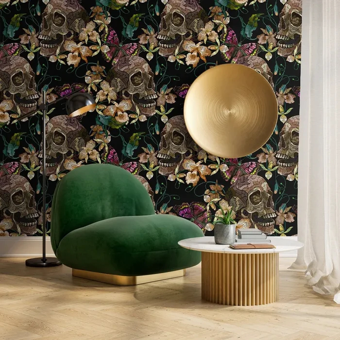 Maximalist Wallpaper With Embroidered Skulls And Butterflies In Black, Brown, And Pink – D897