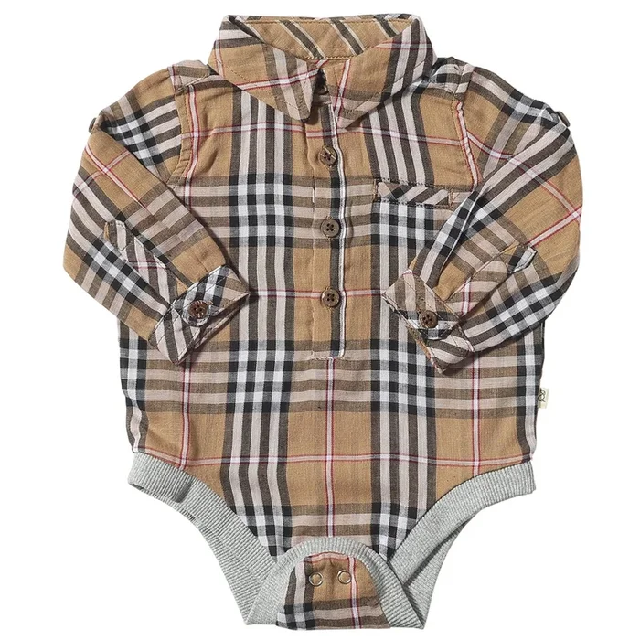 Me & Henry Jasper Woven Onesie | Brown/Black/Red Plaid