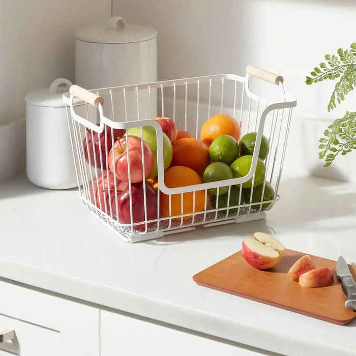 Metal Stackable Wire Pantry Basket with Wood Handle