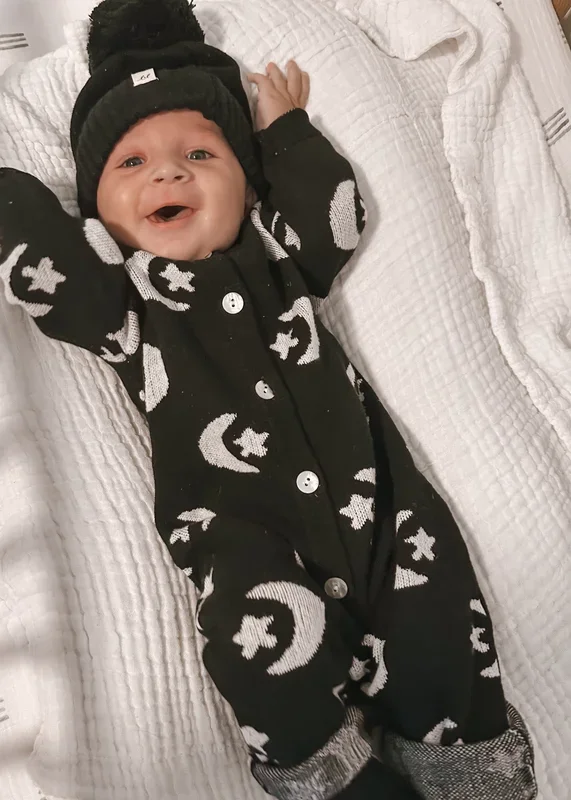Midnight Moon & Stars Knit Jumpsuit – Celestial Comfort in Organic Cotton