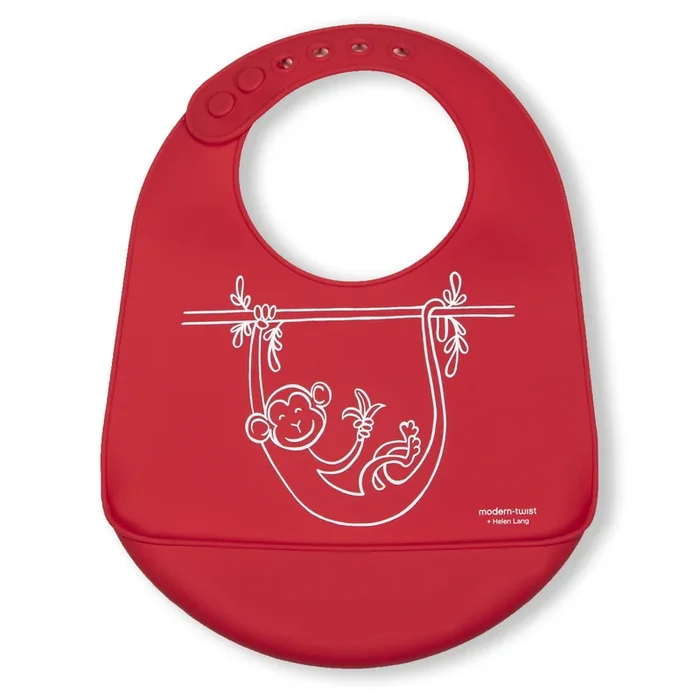 Modern Twist Silicone Catch Bib – Monkey Business / Apple Red