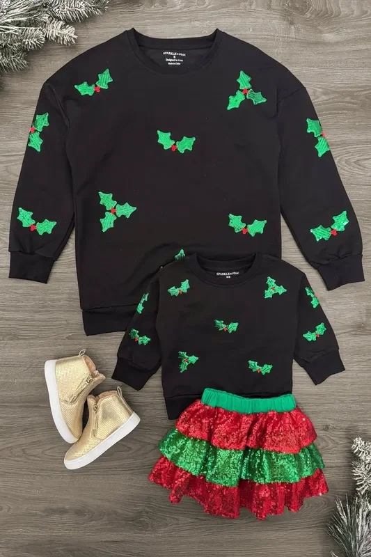 Mom & Me – Sequin Holly Top & Skirt Set