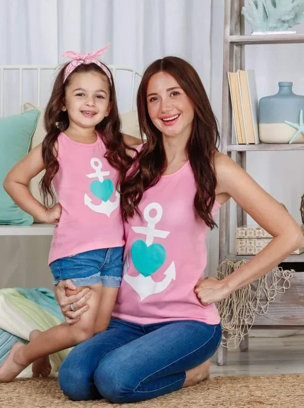 Mommy and Me Back Bow Anchor and Heart Tank