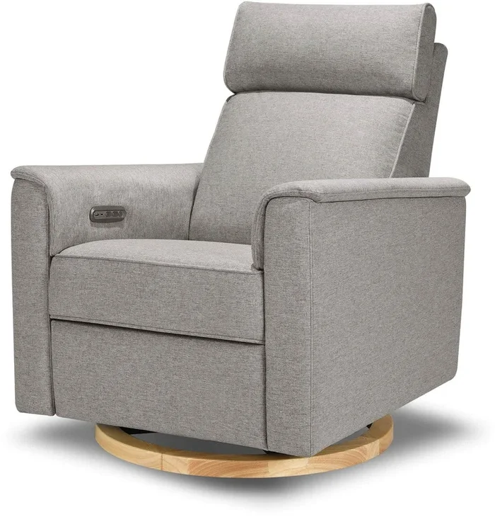 Monogram by Namesake Willa Plus Electric Glider Recliner w/ Electric Headrest – Performance Grey Eco-Weave w/Light Wood Base
