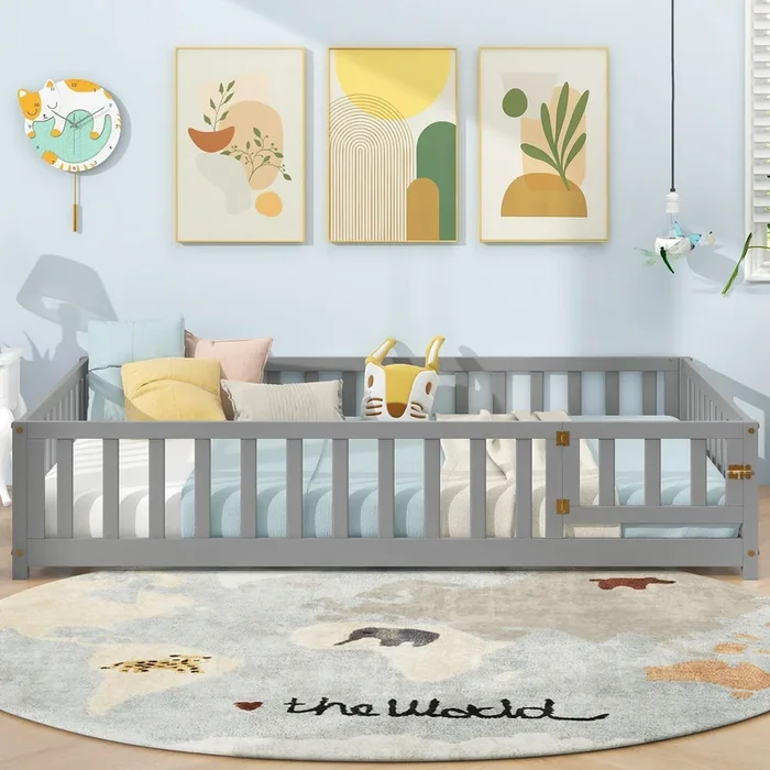 Montessori Bed Frame With Full-Length Guardrails Safety Door and Latch-Gray
