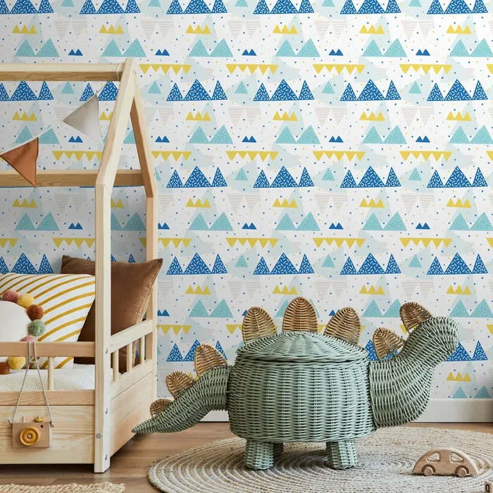 Mountain Wallpaper With A Geometric Peak Motif In Blue, Yellow, And Gray – A442