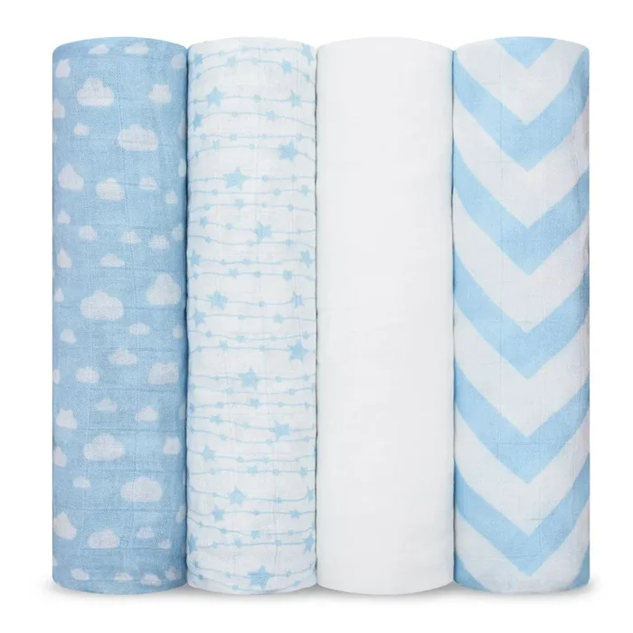 Muslin Swaddle Blankets – Blue – Set of 4