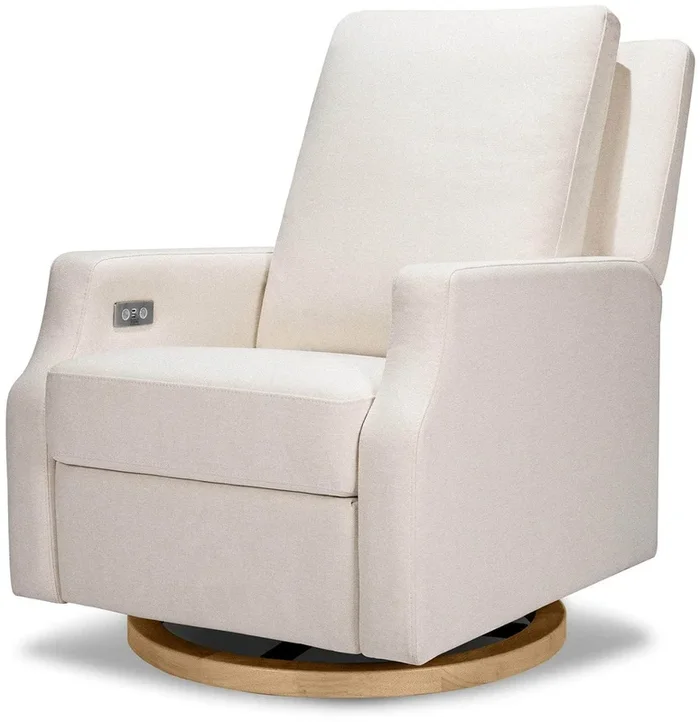 Namesake Crewe Electronic Swivel Glider Recliner w/ USB – Performance Cream Eco-Weave w/Light Wood Base