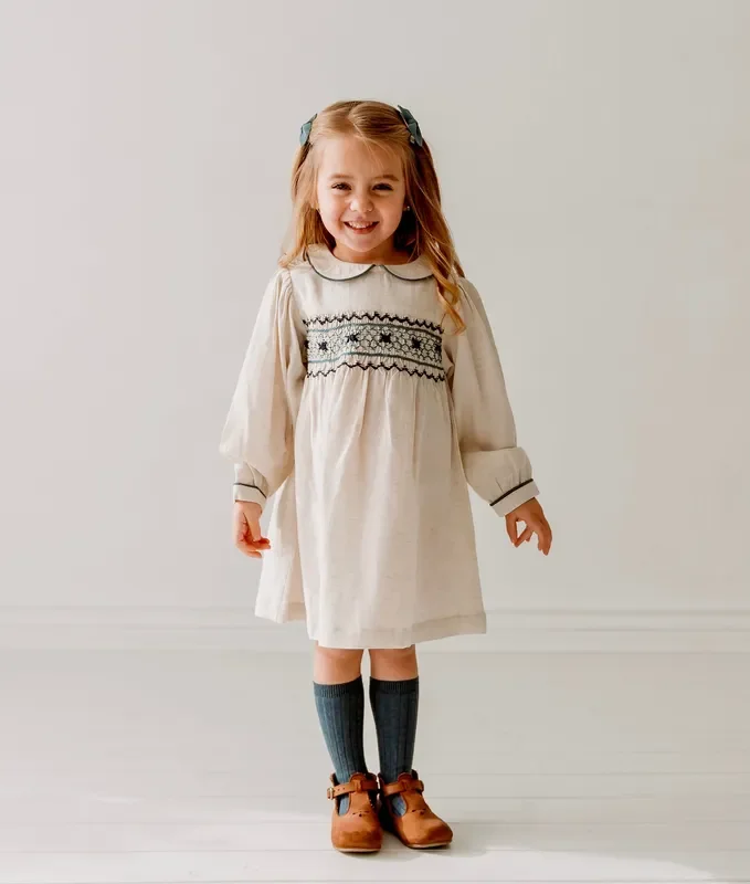 Natural Linen Blend Hand Smocked Girl’s Dress