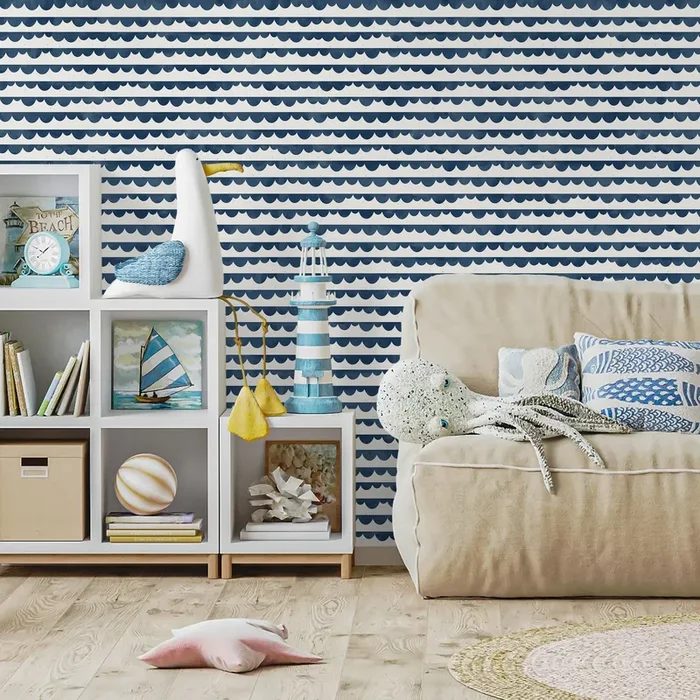 Nautical Wallpaper With A Scalloped Wave Motif In Navy Blue – A493