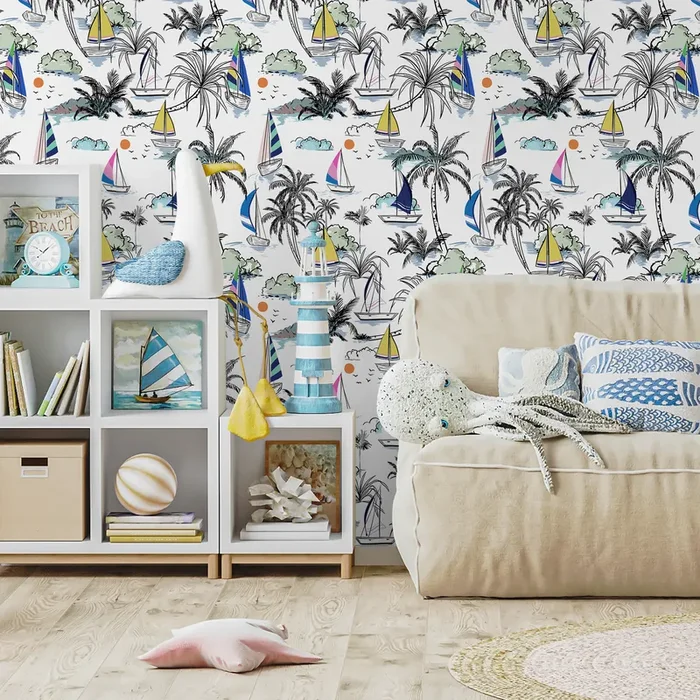 Nautical Wallpaper With A Tropical Sailing Scene In Blue, Yellow, And Pink – B540