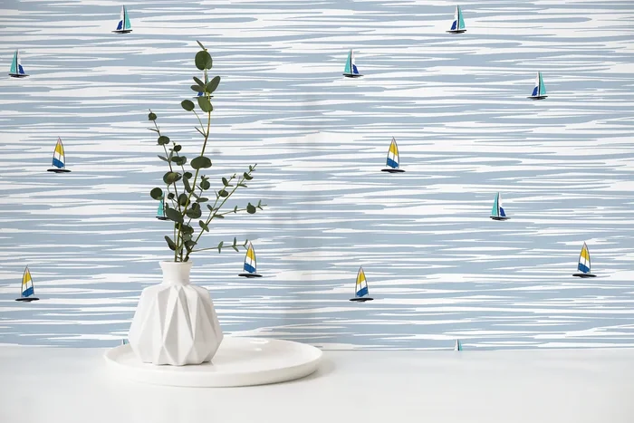 Nautical Wallpaper With Stylized Sailboats In Blue, Yellow, And Teal – D480