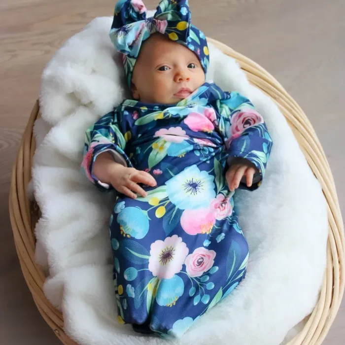 Navy Floral Baby Gown And Bow Headband