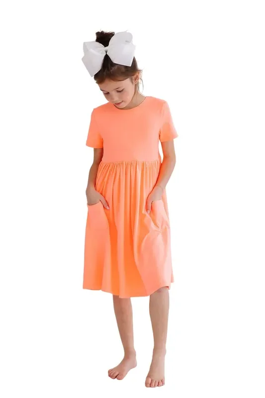 Neon Coral S/s Pocket Twirl Dress
