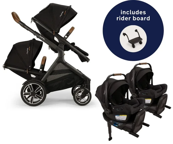 Nuna DEMI Next Twin Double Stroller with Rider Board + PIPA Aire RX Travel System Bundle – Caviar