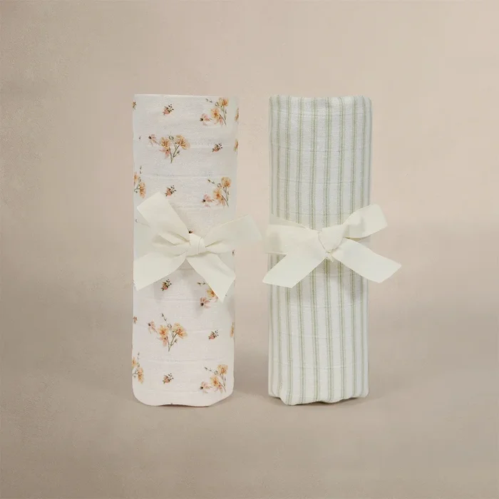 Oilo Fable Blanket- Swaddle 2 Pack – Dainty Floral/Stripe Sea Moss Organic Muslin