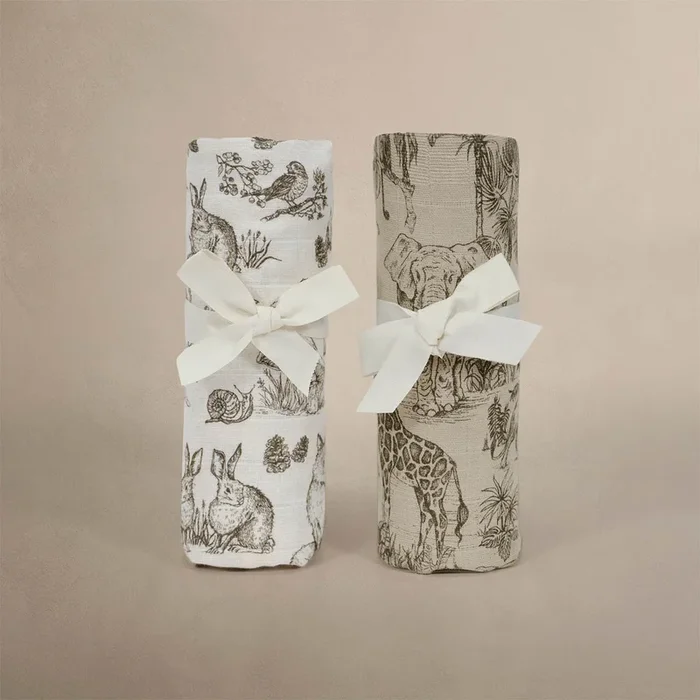 Oilo Fable Blanket- Swaddle 2 Pack- Vintage Safari/Woodland Organic Muslin