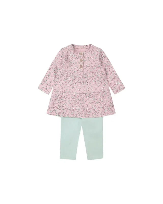 Organic Cotton Long Tunic And Legging Set Sage Green And Mauve Little Flower Print