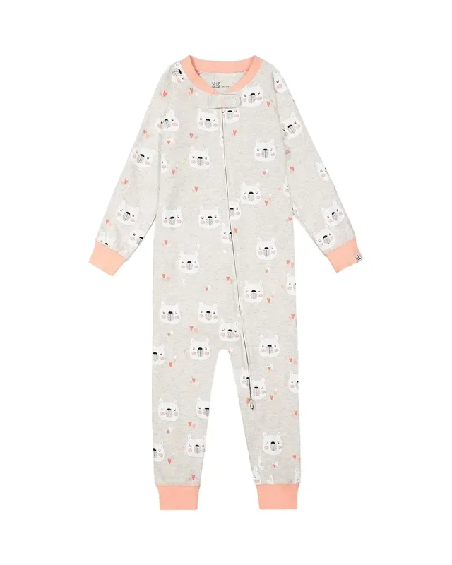 Organic Cotton One Piece Long Sleeve Printed Bears Pajama Oatmeal Mix