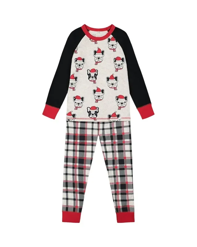 Organic Cotton Printed Dogs Two Piece Pajama Set Oatmeal Mix