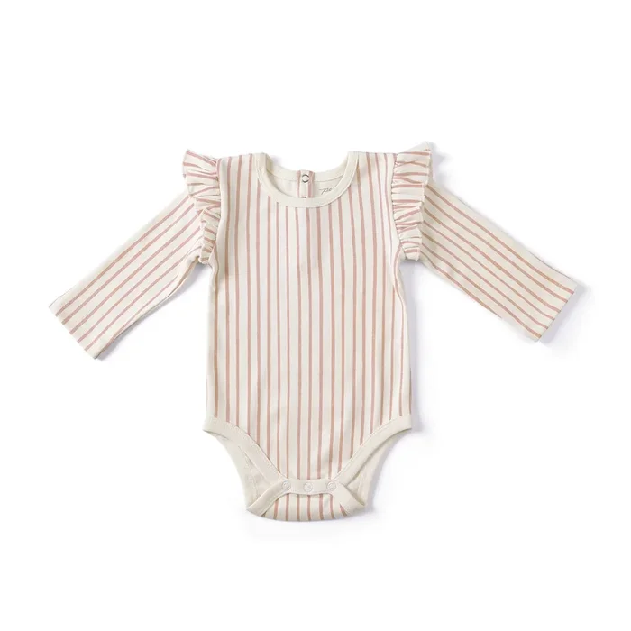 Organic Long Sleeve Ruffle One-Piece | Stripes Pink