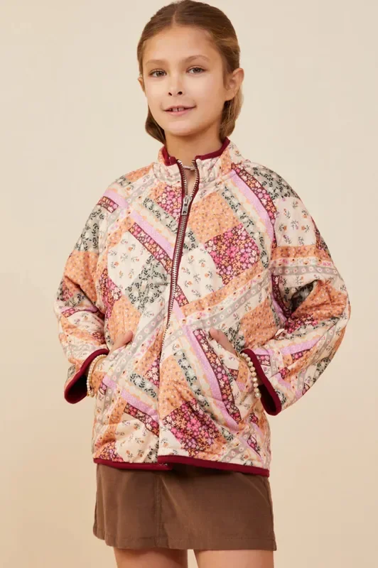Patch Print Quilted Padded Jacket | Burgundy