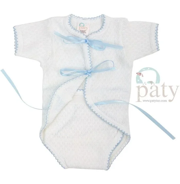 Paty Newborn Creeper with Ribbon Ties – White with Blue Trim